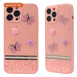 Straight Edge Epoxy Butterfly and Flower Decoration TPU+PC Phone Case