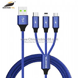 Cotton braided 3 in 1 triple evaporator data sync and fast charging USB cable